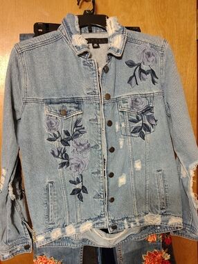Tinsel Light Blue Distressed Denim Jacket with Embroidered Roses